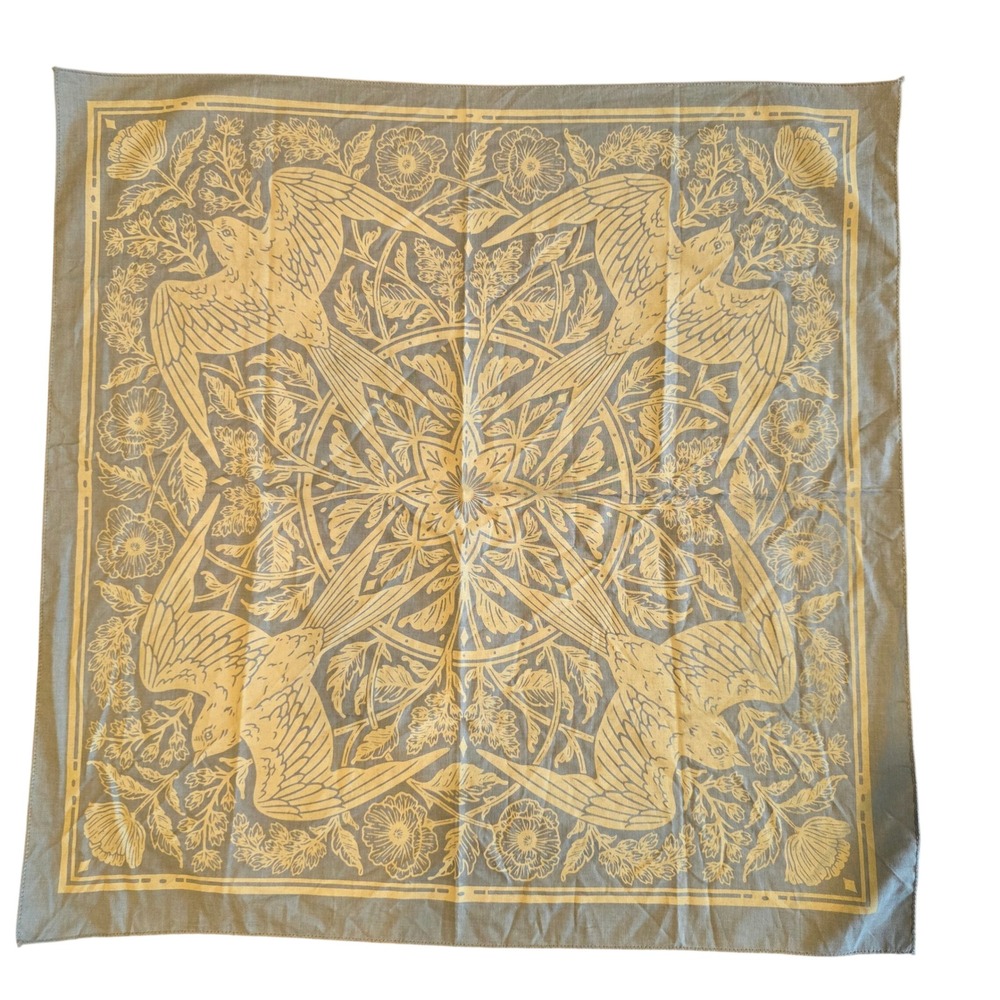 Vintage Style Bird Floral Mandala Bandana Blue Gray Cotton Square Scarf 21x21